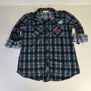 Urban Girl Plaid Roll tab Sleeve Button Down with iron on Patches size Medium